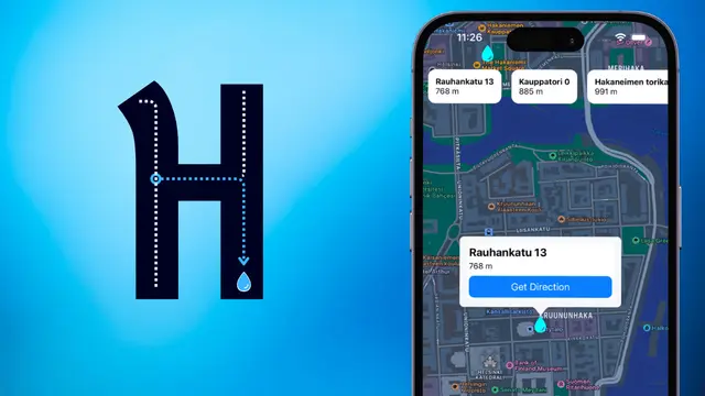 Helsinki Water Map: H route symbol and a phone map showing drinking water locations.