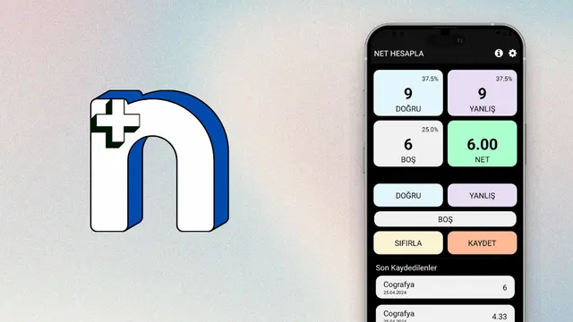Net Hesapla: n+ symbol and a phone displaying correct, wrong, blank and net score results.